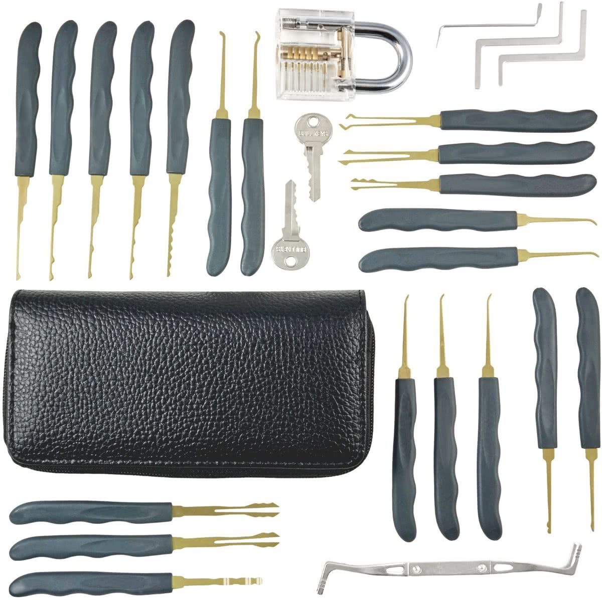 Uitgebreide lock pick set met foudraal en transparant oefenslot | lockpick tools | wrench | slot